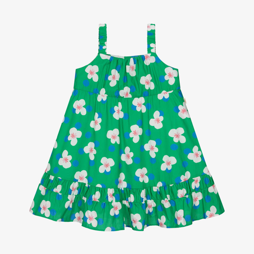 Catimini-Girls Green Seersucker Dress with White Floral Print | Childrensalon
