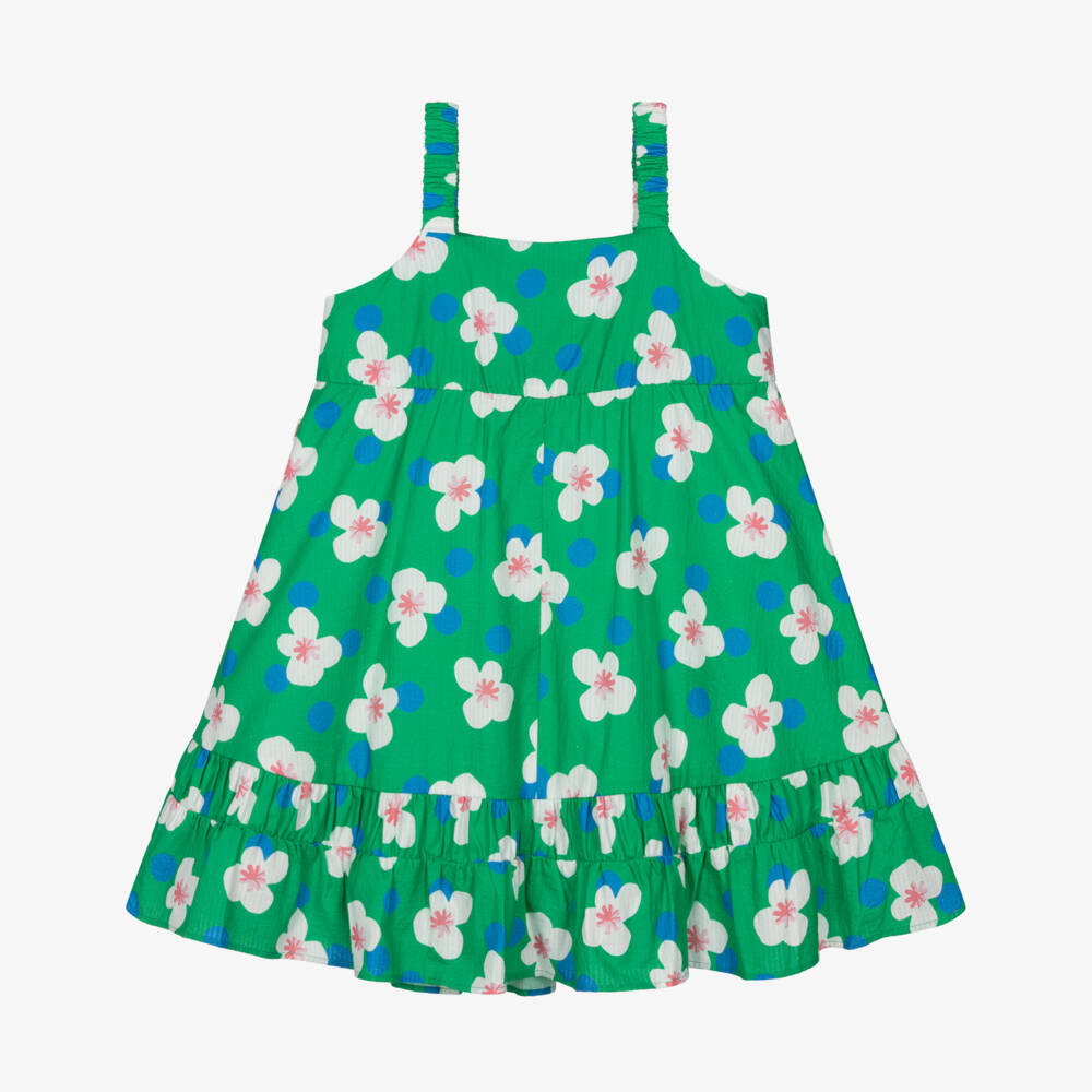 Catimini-Girls Green Seersucker Dress with White Floral Print | Childrensalon