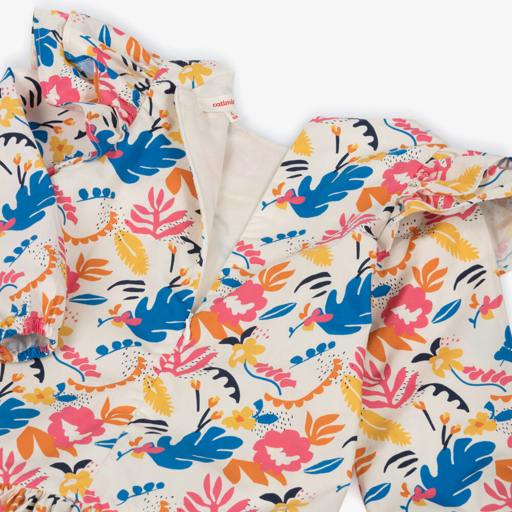 Catimini-Girls Ivory Cotton Dress with Colourful Floral Print | Childrensalon