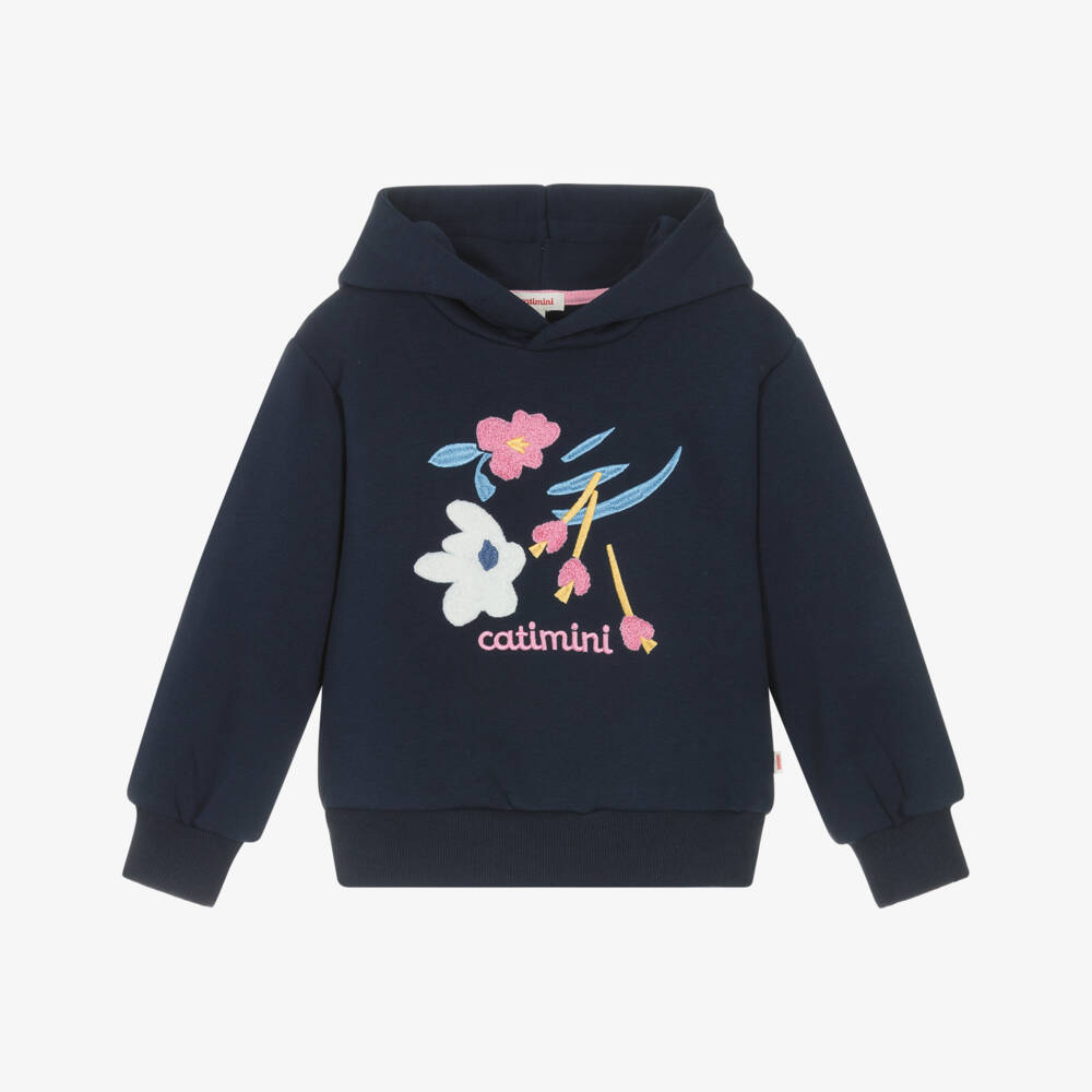 Catimini-Girls Navy Blue Cotton Floral Logo Hoodie | Childrensalon