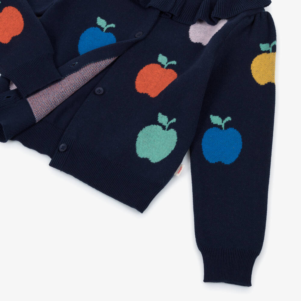Catimini-Girls Navy Blue Cotton Knit Cardigan with Apple Motifs | Childrensalon