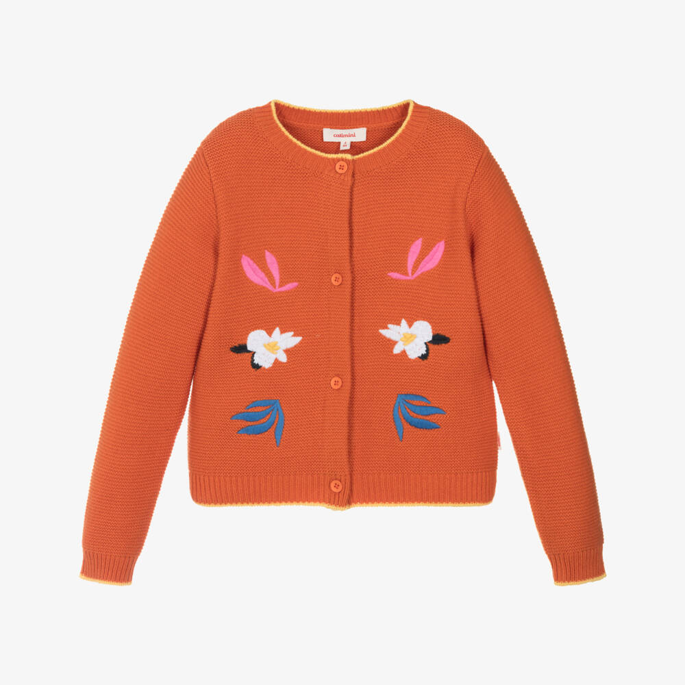 Catimini-Girls Orange Cotton Knit Cardigan with Floral Embroidery | Childrensalon