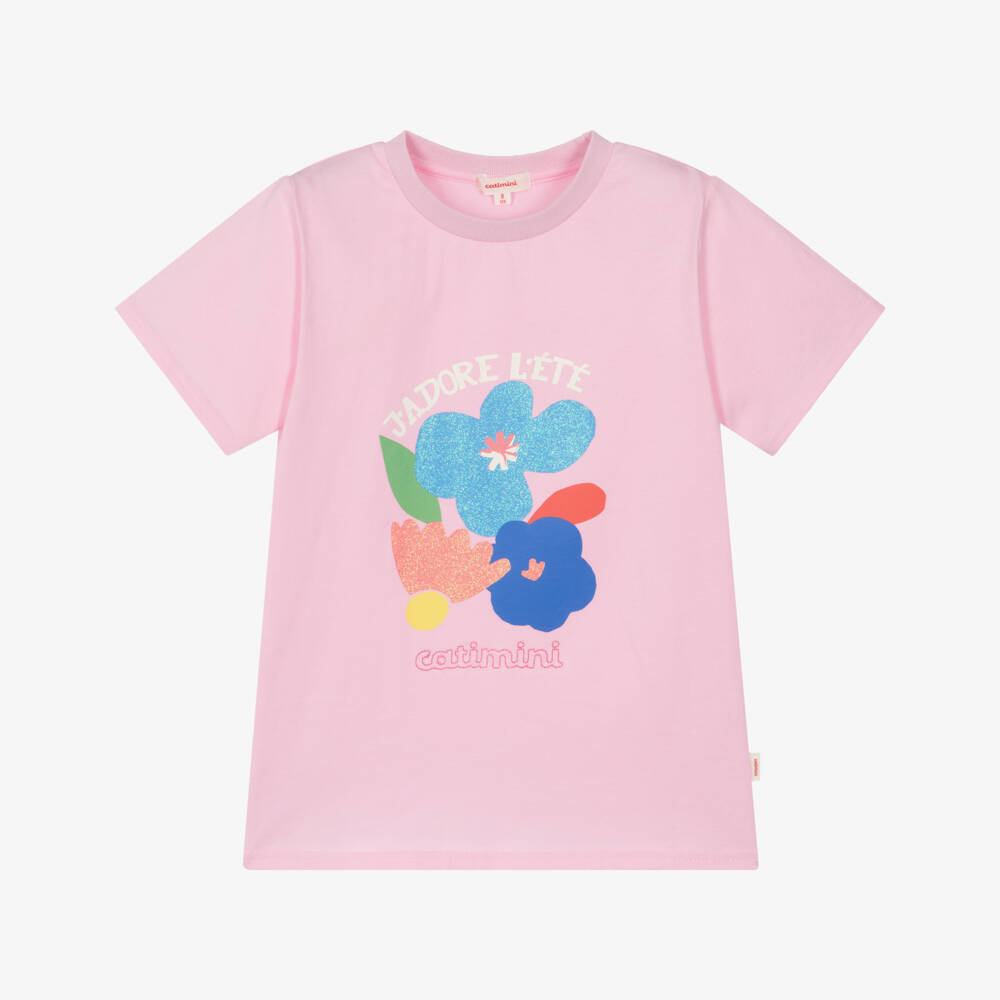 Catimini-Girls Pale Pink Cotton Logo T-Shirt with Glittery Flowers | Childrensalon