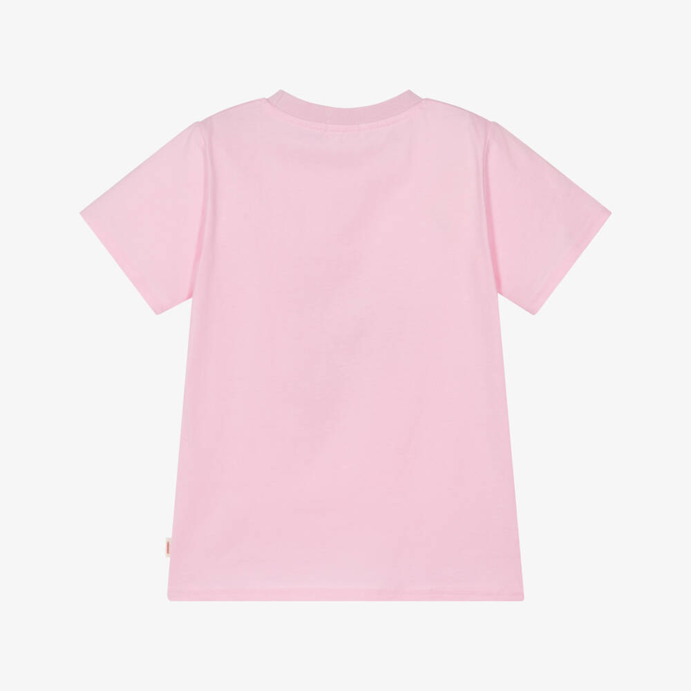 Catimini-Girls Pale Pink Cotton Logo T-Shirt with Glittery Flowers | Childrensalon