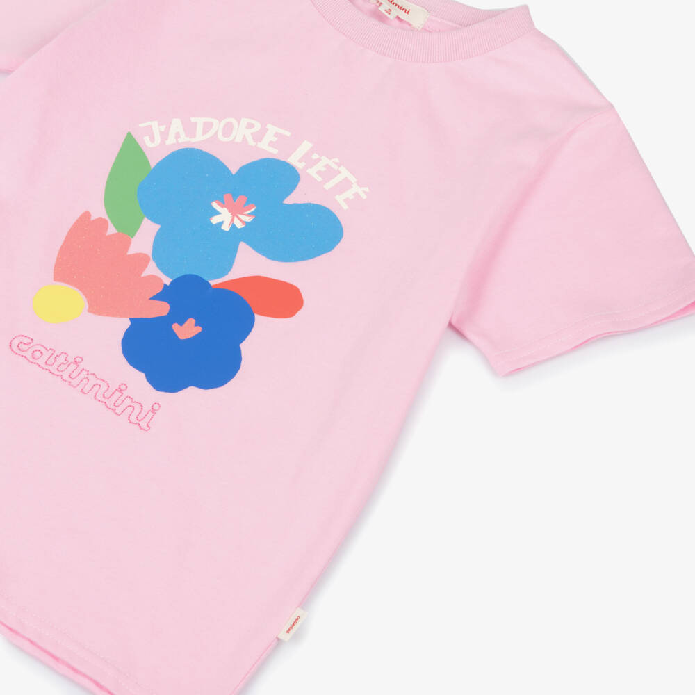 Catimini-Girls Pale Pink Cotton Logo T-Shirt with Glittery Flowers | Childrensalon