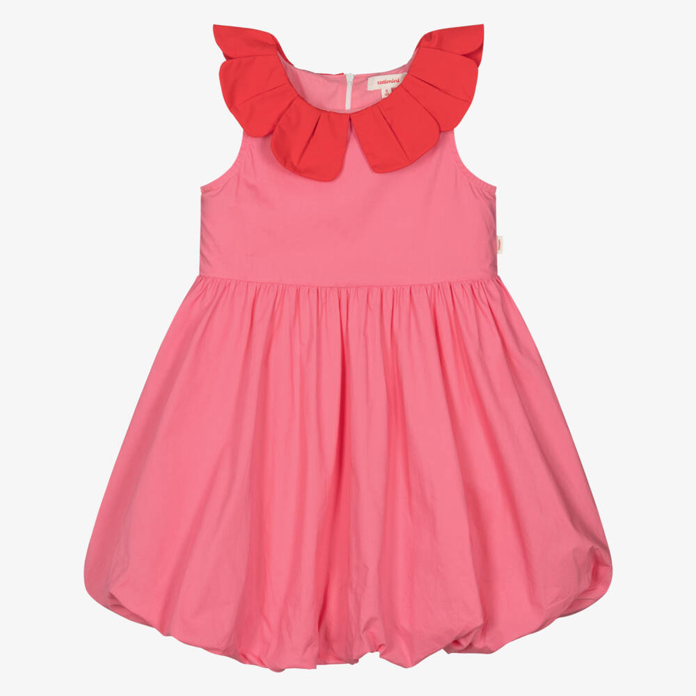 Catimini-Girls Pink Cotton Bubble Hem Dress with Petal Collar | Childrensalon