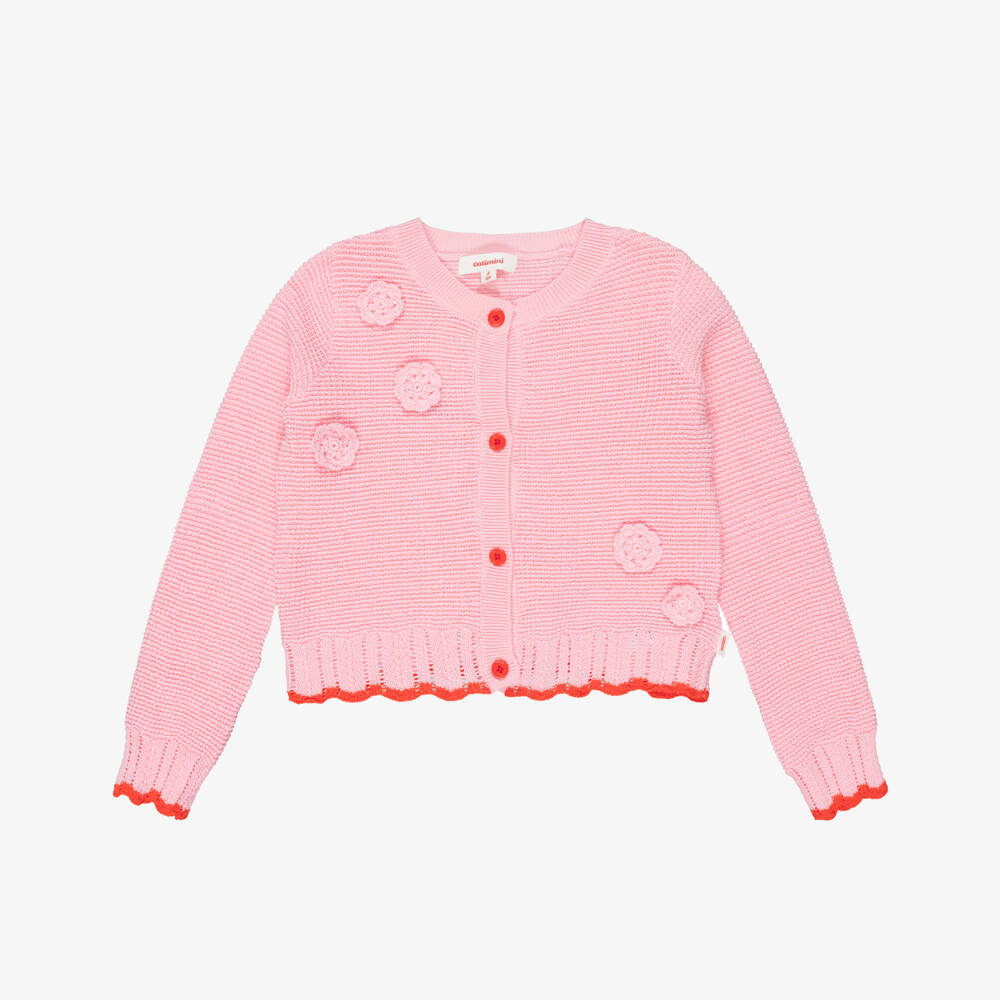 Catimini-Girls Pink Cotton Knit Cardigan with Scalloped Hem | Childrensalon