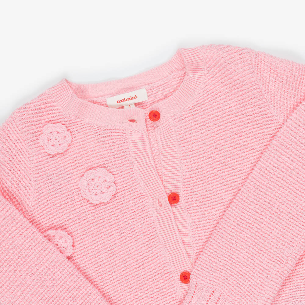 Catimini-Girls Pink Cotton Knit Cardigan with Scalloped Hem | Childrensalon