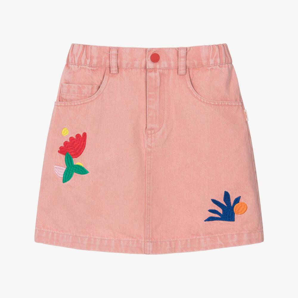 Catimini-Girls Pink Denim Skirt with Embroidered Flowers | Childrensalon