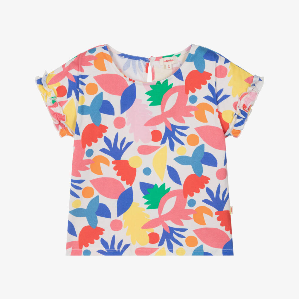 Catimini-Girls Red & Blue Cotton Floral T-Shirt | Childrensalon