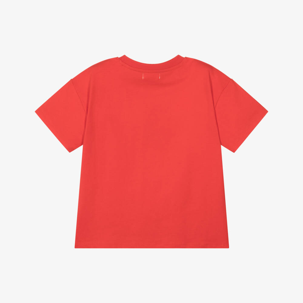 Catimini-Girls Red Cotton Logo T-Shirt with Glittery Flower Print | Childrensalon