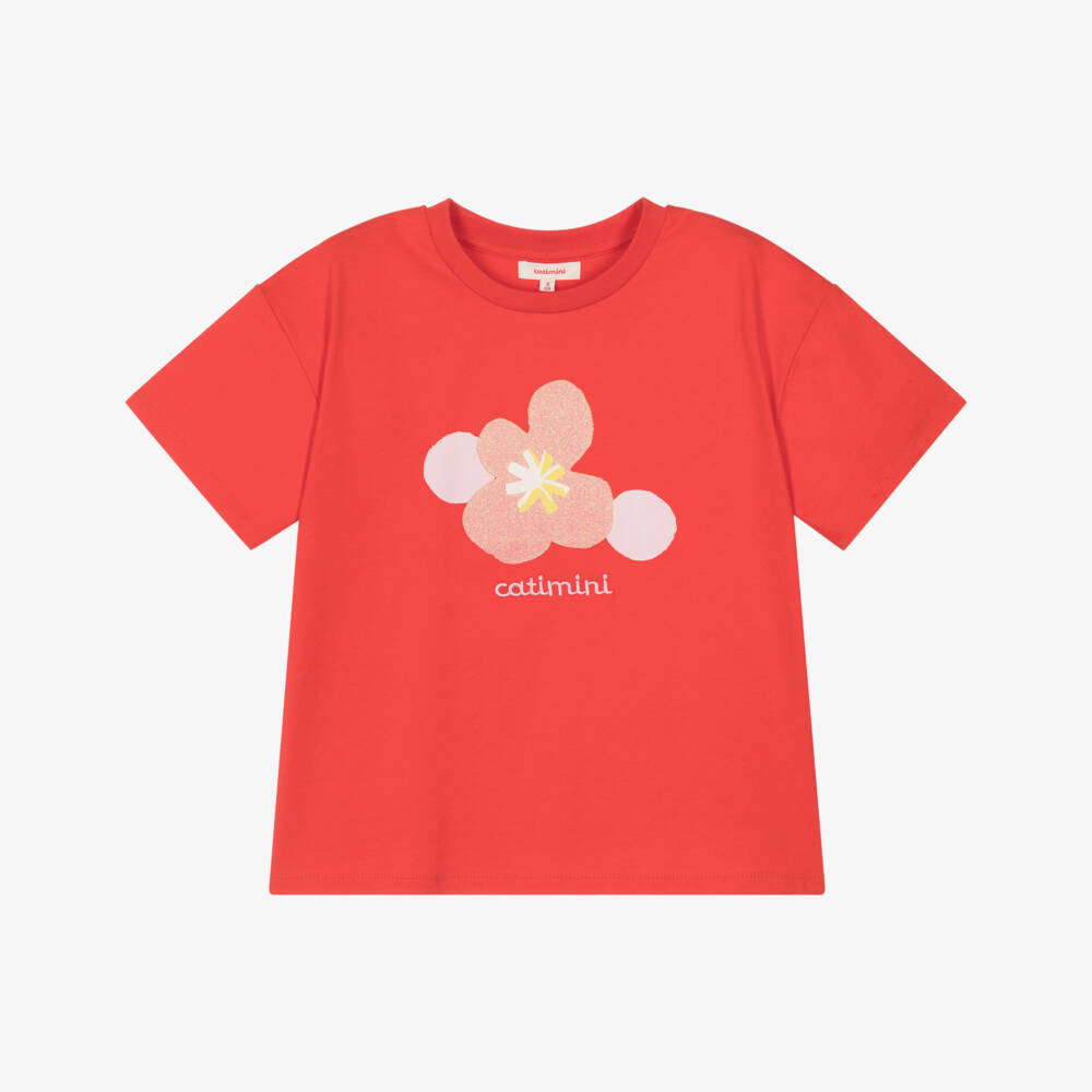 Catimini-Girls Red Cotton Logo T-Shirt with Glittery Flower Print | Childrensalon