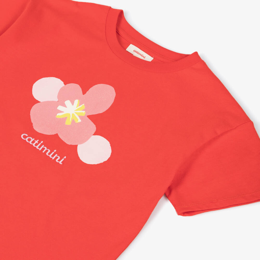 Catimini-Girls Red Cotton Logo T-Shirt with Glittery Flower Print | Childrensalon