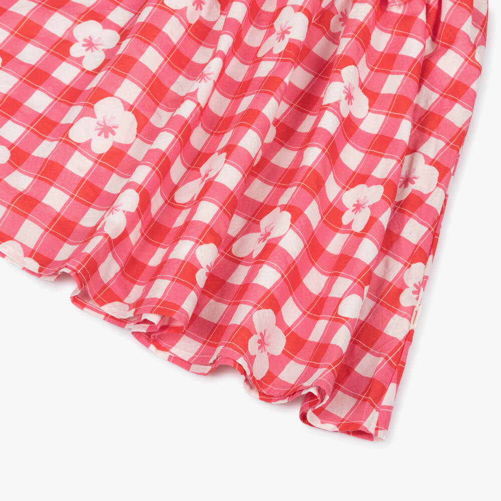 Catimini-Girls Red & Pink Cotton Gingham Dress with Flower Print | Childrensalon