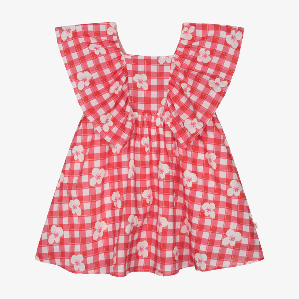 Catimini-Girls Red & Pink Cotton Gingham Dress with Flower Print | Childrensalon