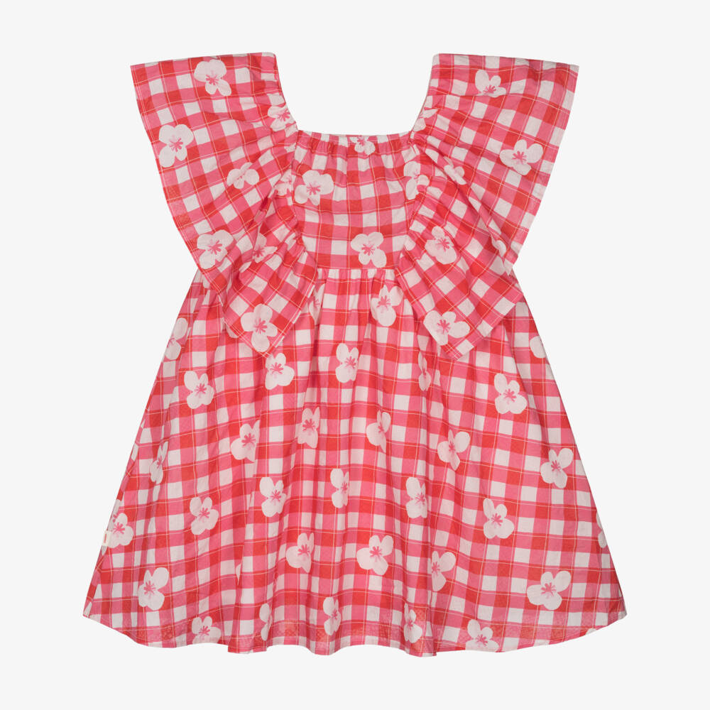Catimini-Girls Red & Pink Cotton Gingham Dress with Flower Print | Childrensalon