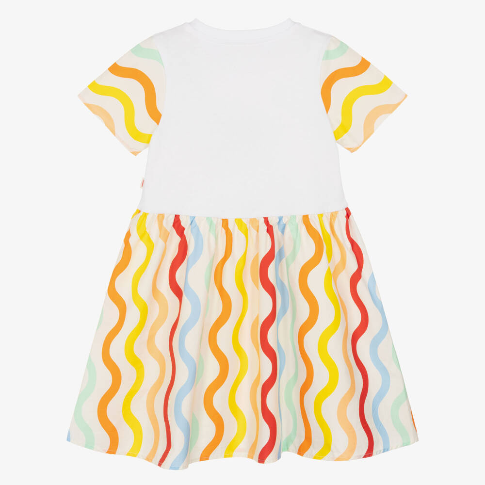 Catimini-Girls White Cotton Dress with Wavy Stripes & Embroidered Logo | Childrensalon