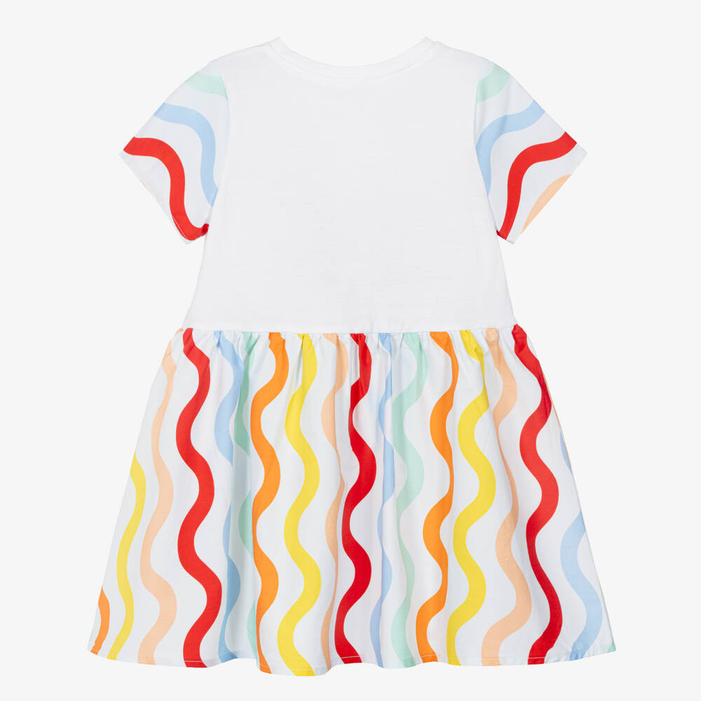 Catimini-Белое хлопковое платье с волнистыми полосками и вышитым логотипом для девочек | Childrensalon