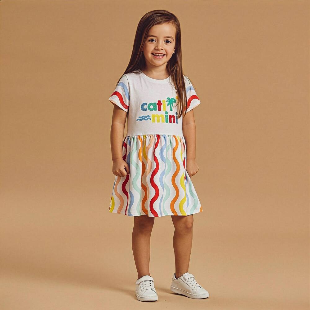 Catimini-Girls White Cotton Dress with Wavy Stripes & Embroidered Logo | Childrensalon