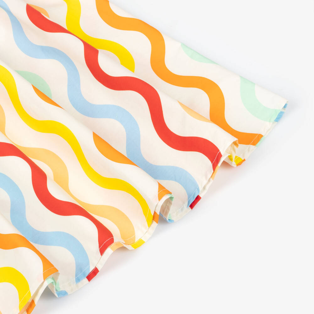 Catimini-Girls White Cotton Dress with Wavy Stripes & Embroidered Logo | Childrensalon