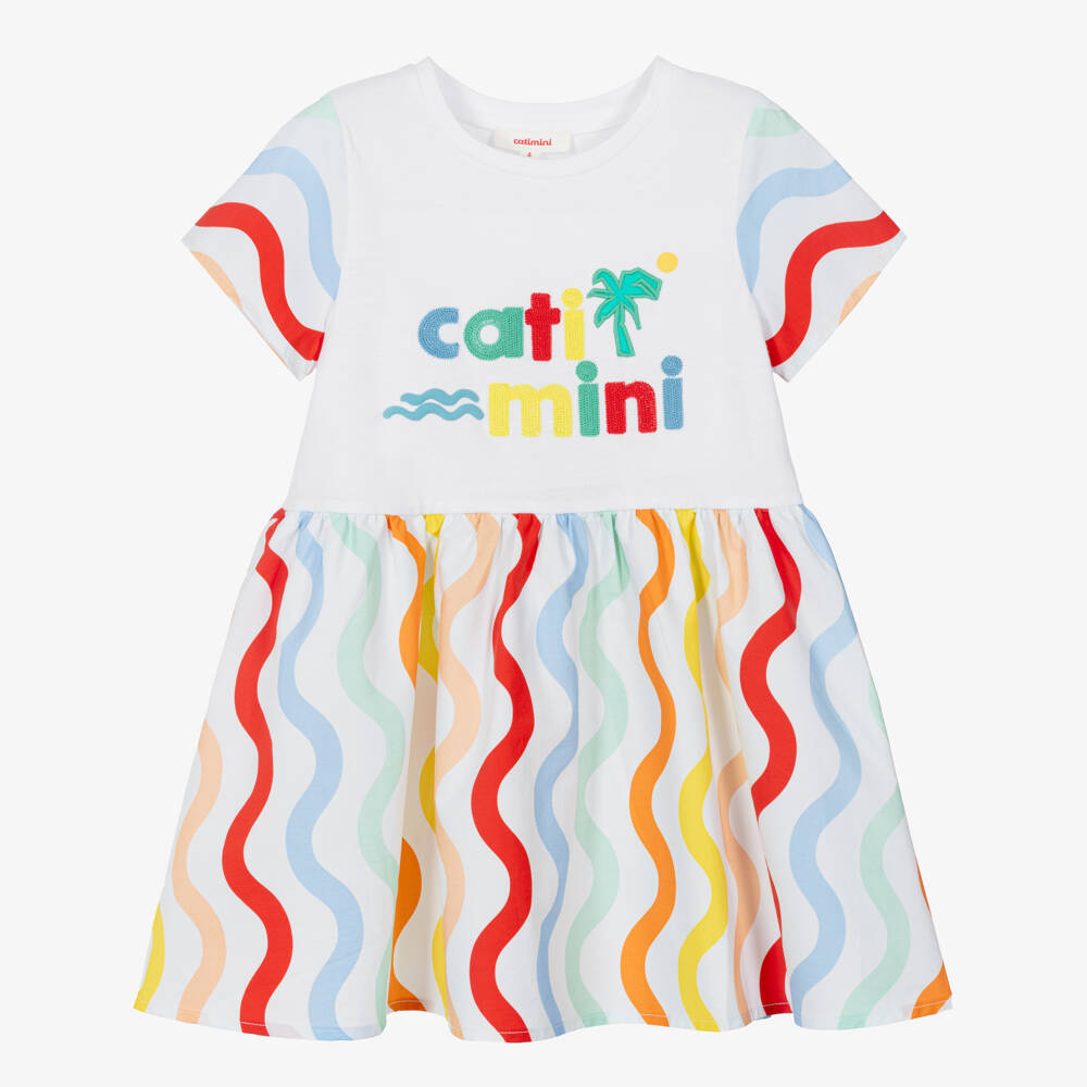 Catimini-Girls White Cotton Dress with Wavy Stripes & Embroidered Logo | Childrensalon