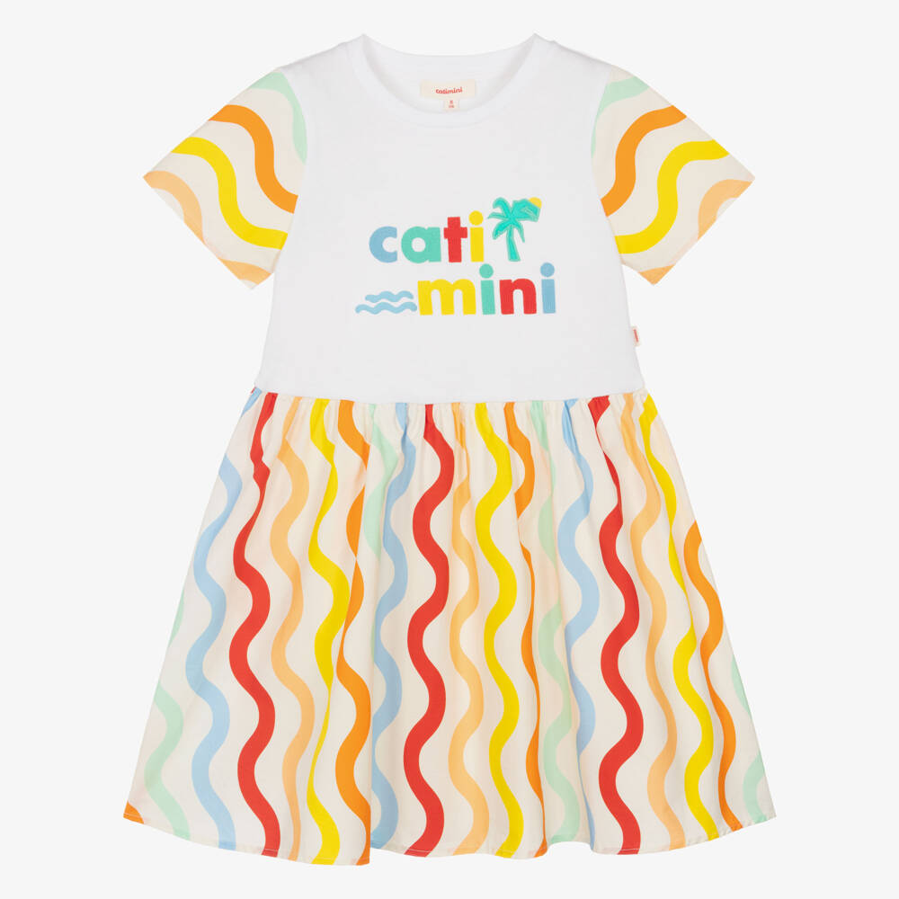 Catimini-Girls White Cotton Dress with Wavy Stripes & Embroidered Logo | Childrensalon