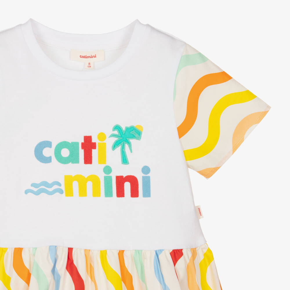 Catimini-Girls White Cotton Dress with Wavy Stripes & Embroidered Logo | Childrensalon