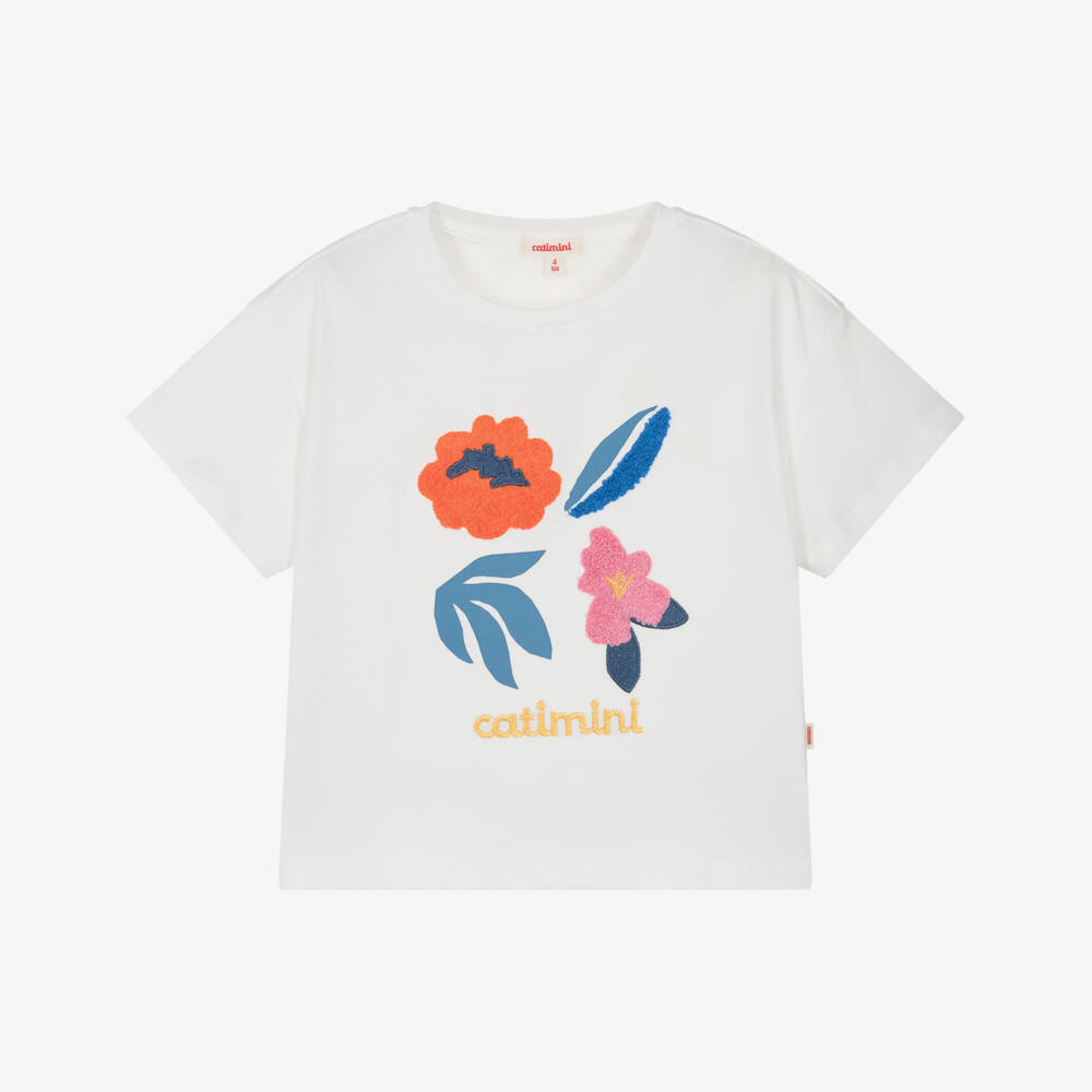 Catimini-Girls White Cotton Logo T-Shirt with Embroidered Flowers | Childrensalon