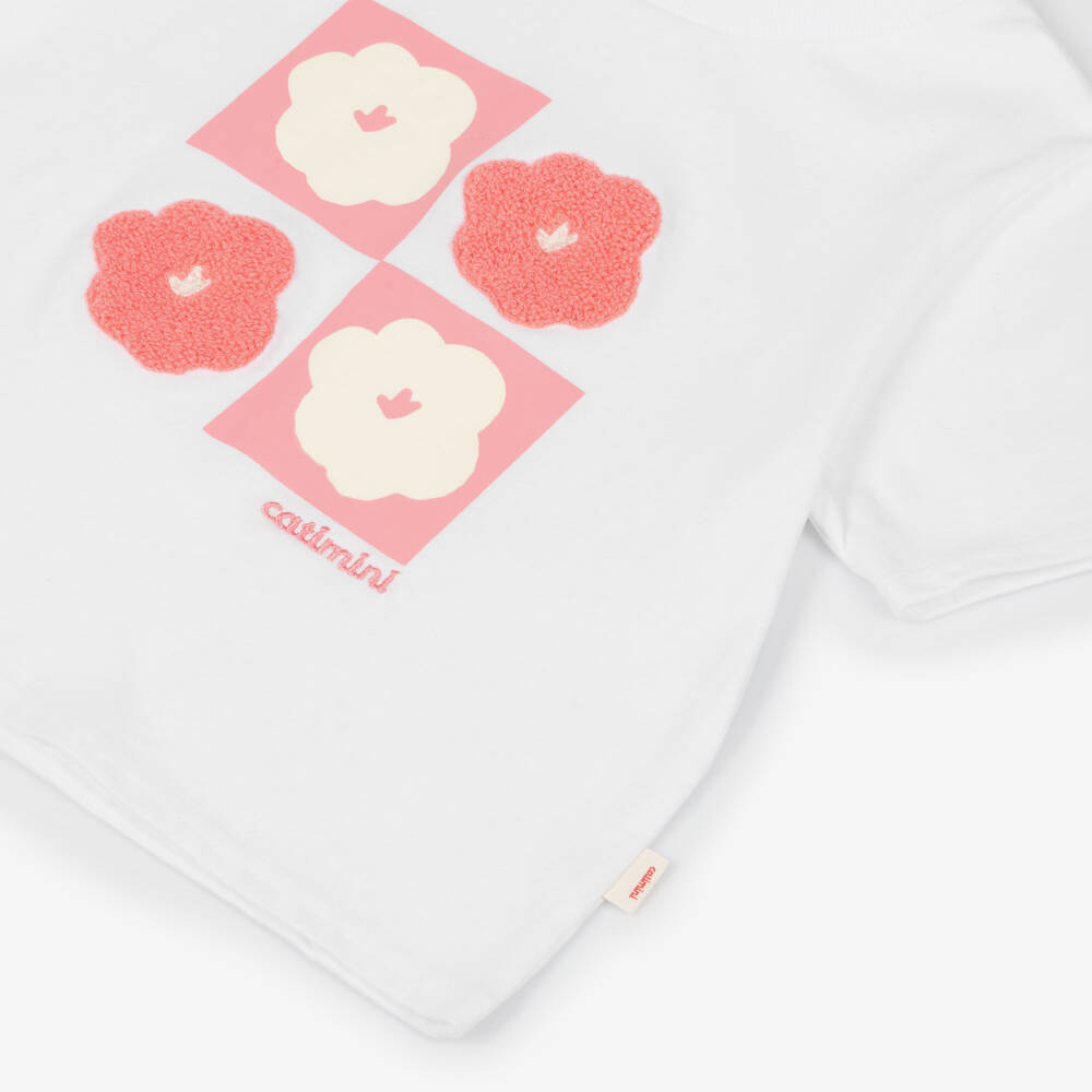 Catimini-Girls White Cotton Logo T-Shirt with Pink Flowers | Childrensalon