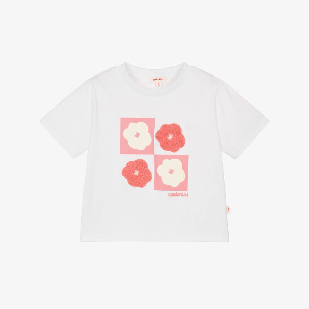 Catimini-Girls White Cotton Logo T-Shirt with Pink Flowers | Childrensalon