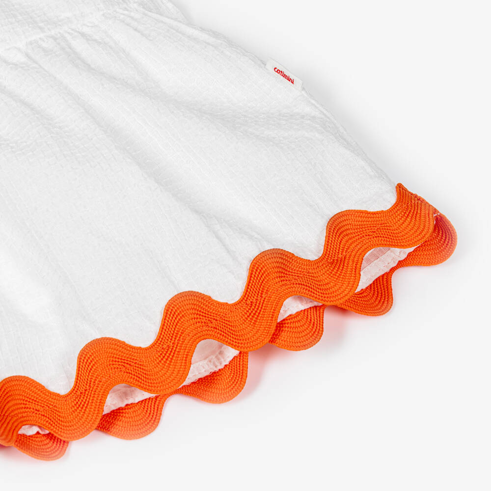 Catimini-فستان قطن لون أبيض مزين بحواف ريك راك ملونة للبنات | Childrensalon