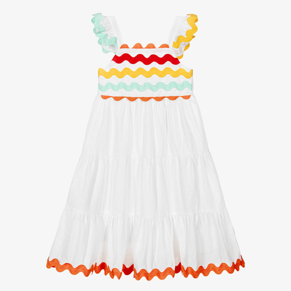 Catimini-Girls White Cotton Sun Dress with Colourful Ric Rac Trims | Childrensalon