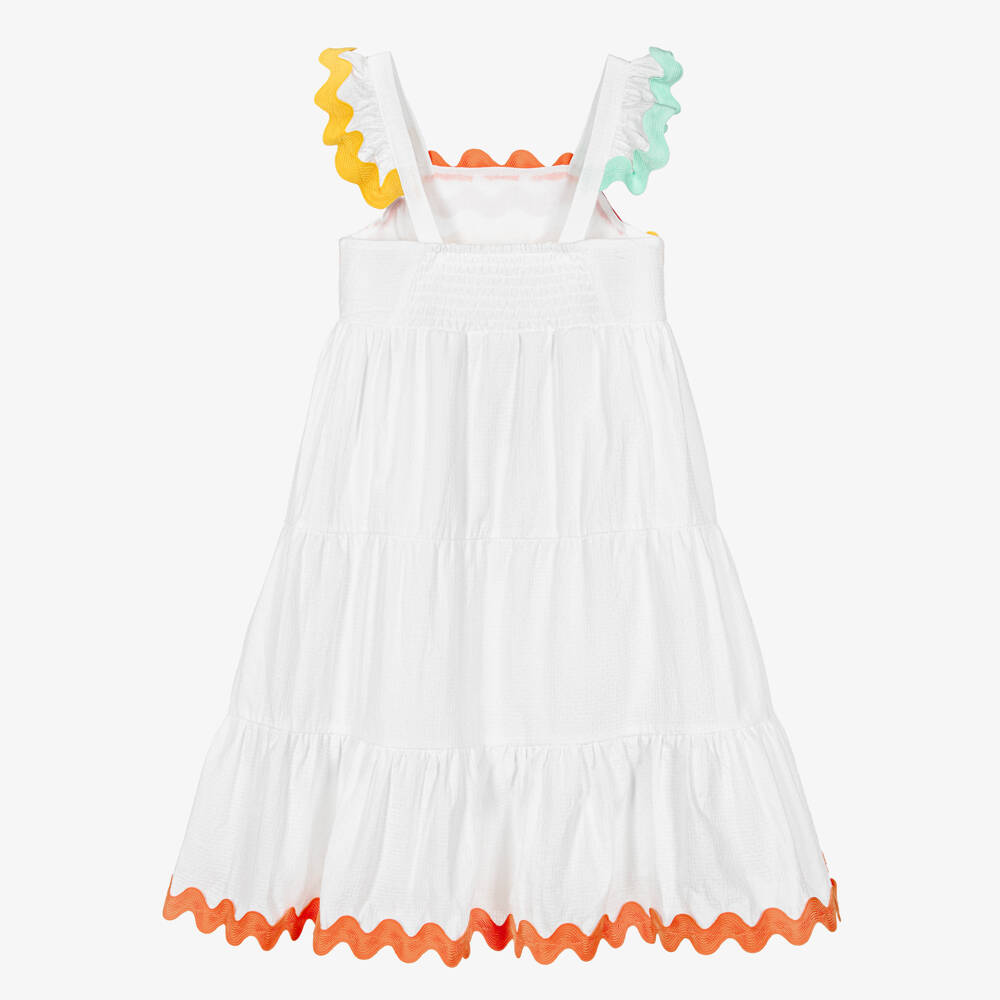 Catimini-فستان قطن لون أبيض مزين بحواف ريك راك ملونة للبنات | Childrensalon