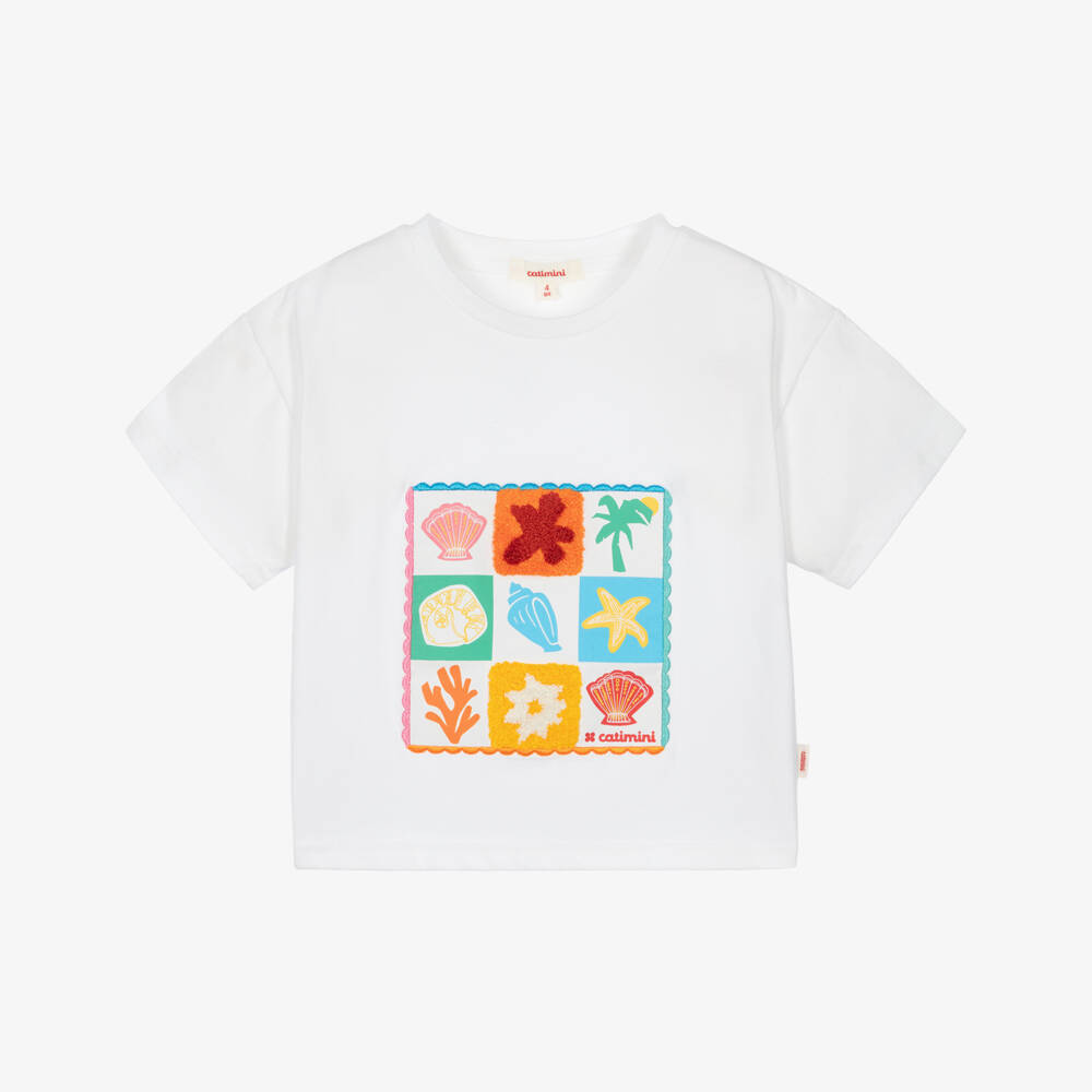 Catimini-Футболка из белого хлопка с ярким мотивом ракушек для девочек | Childrensalon