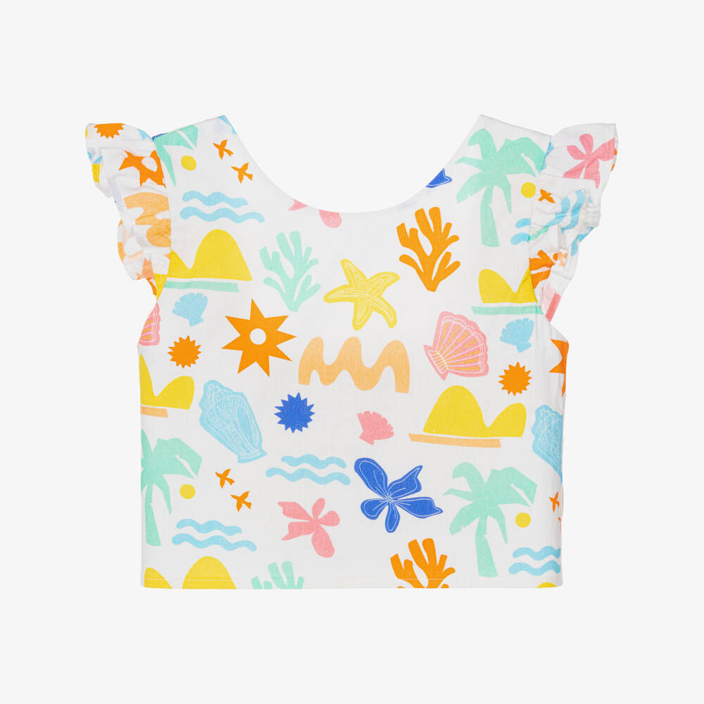 Catimini-Girls White Cotton Top with Colourful Seaside Print | Childrensalon