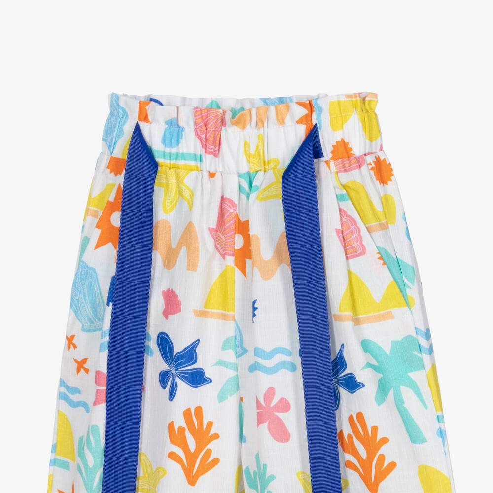 Catimini-Girls White Cotton Wide-Leg Trousers with Seaside Print | Childrensalon