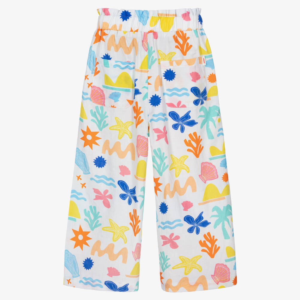 Catimini-Girls White Cotton Wide-Leg Trousers with Seaside Print | Childrensalon