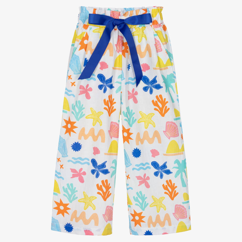Catimini-Girls White Cotton Wide-Leg Trousers with Seaside Print | Childrensalon