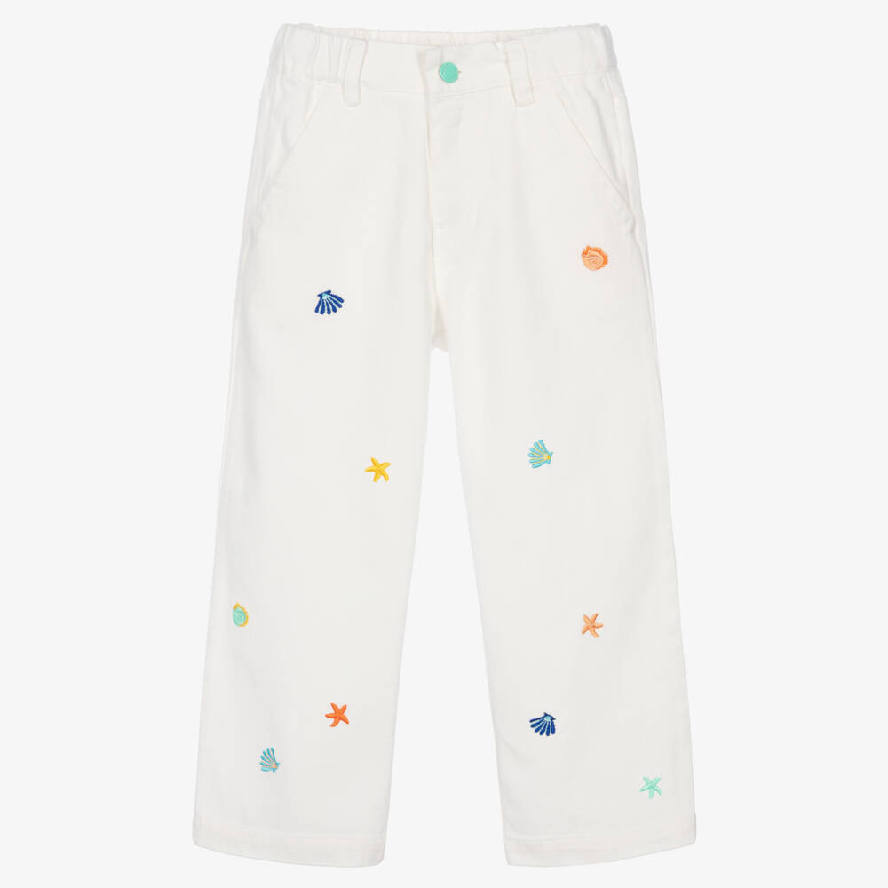Catimini-Girls White Denim Wide-Leg Jeans with Embroidered Seashells | Childrensalon