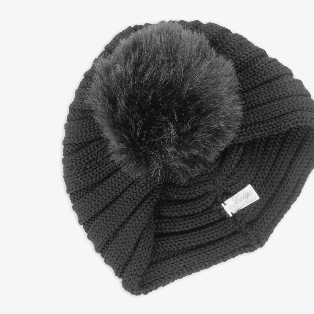 Catya-Girls Black Merino Wool Pom-Pom Turban Hat | Childrensalon