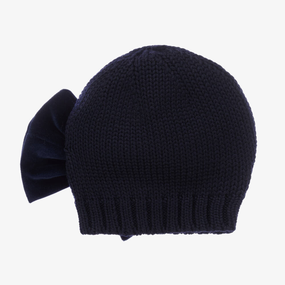 Catya-Girls Blue Merino Wool Knit Bow Hat | Childrensalon