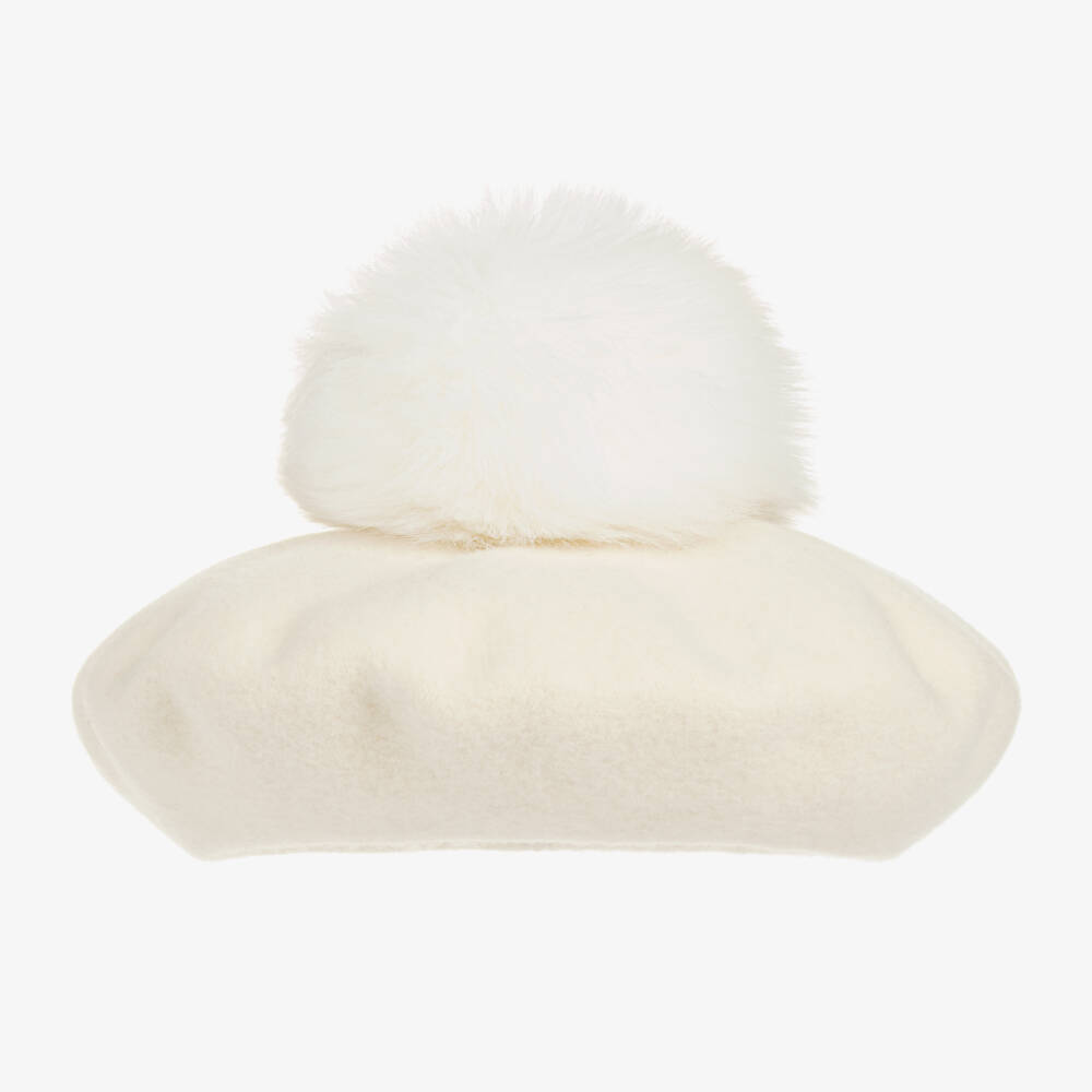 Catya-Girls Ivory Merino Wool Pom-Pom Beret | Childrensalon