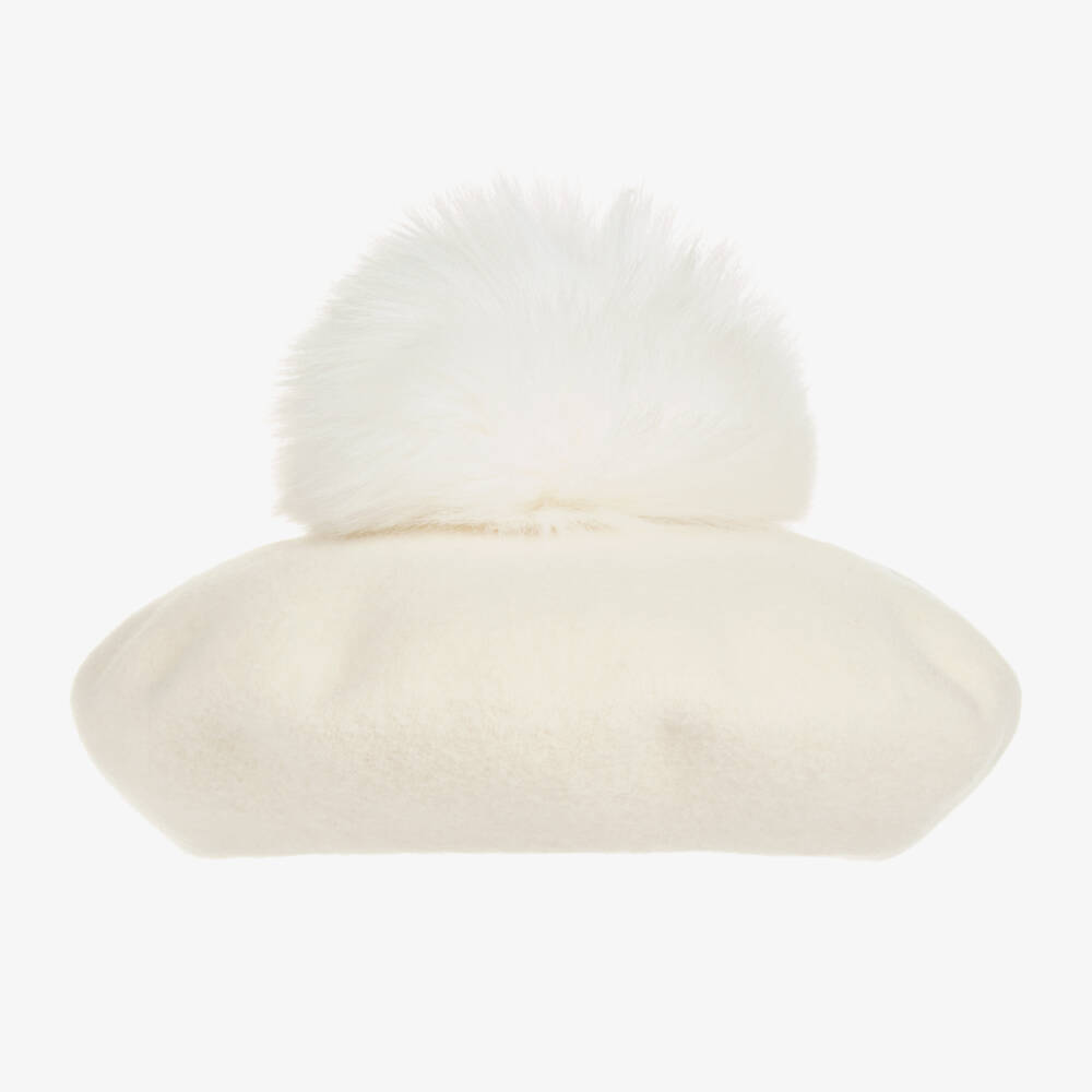 Catya-Girls Ivory Merino Wool Pom-Pom Beret | Childrensalon