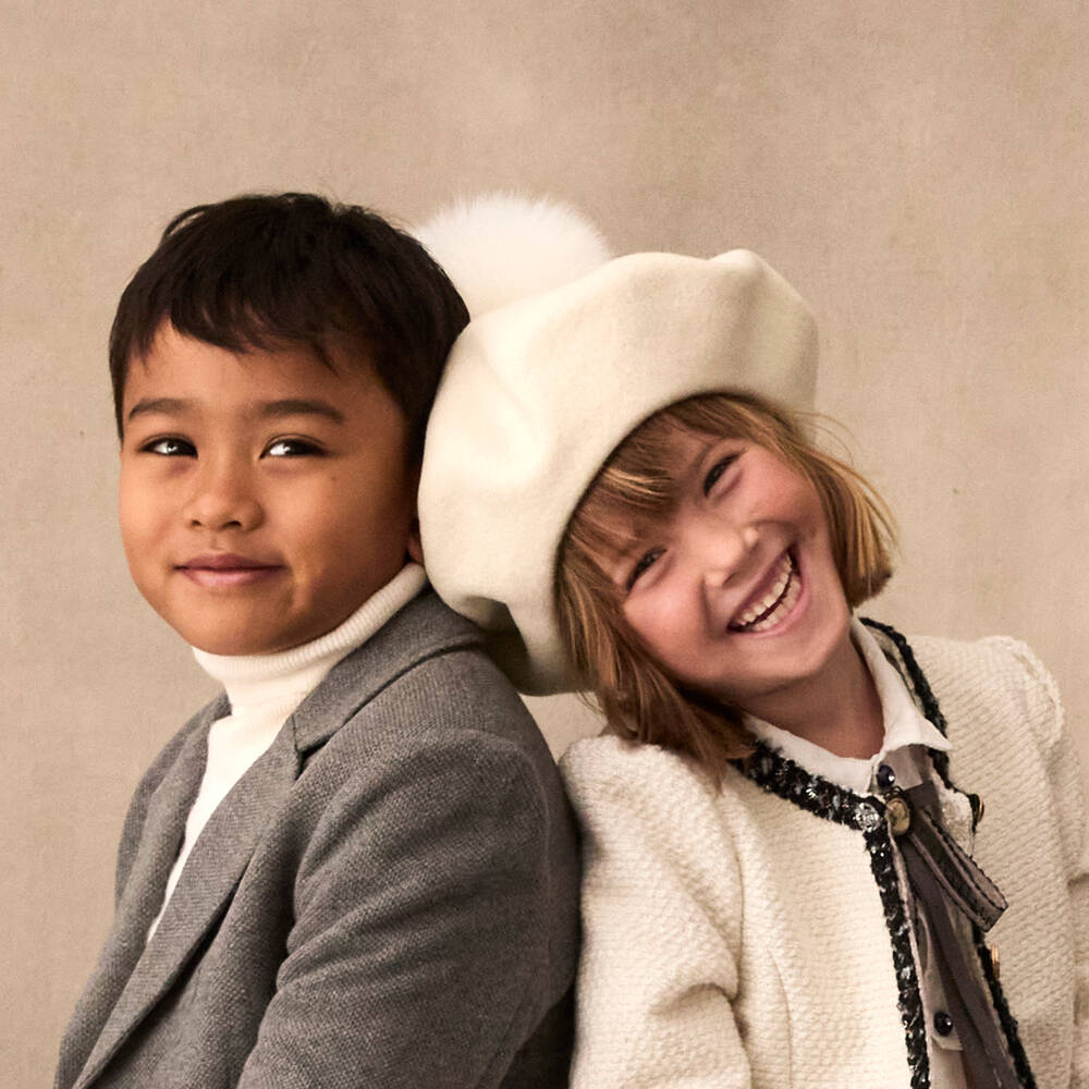 Catya-Girls Ivory Merino Wool Pom-Pom Beret | Childrensalon