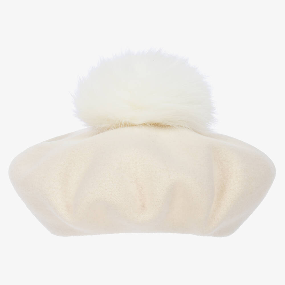 Catya-Кремовый шерстяной берет с помпоном | Childrensalon