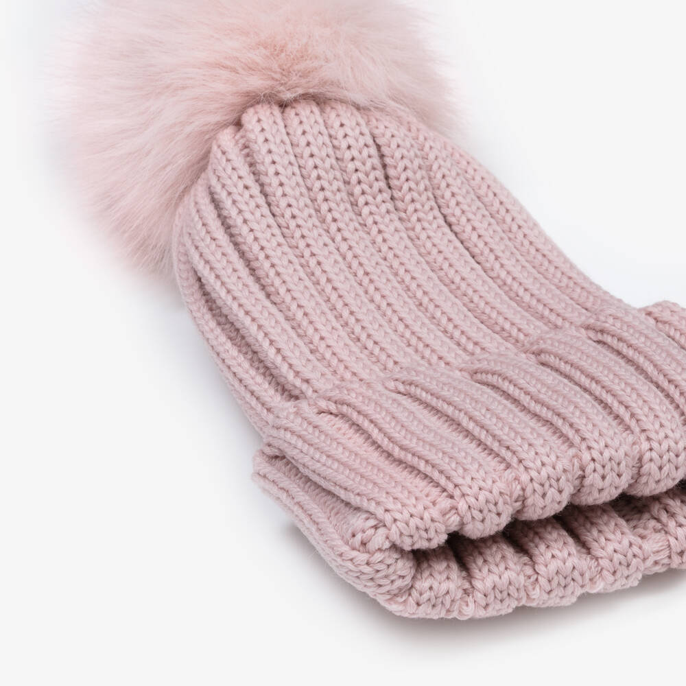 Catya-Girls Pink Merino Wool Knit Hat with Faux Fur Pom-Pom | Childrensalon