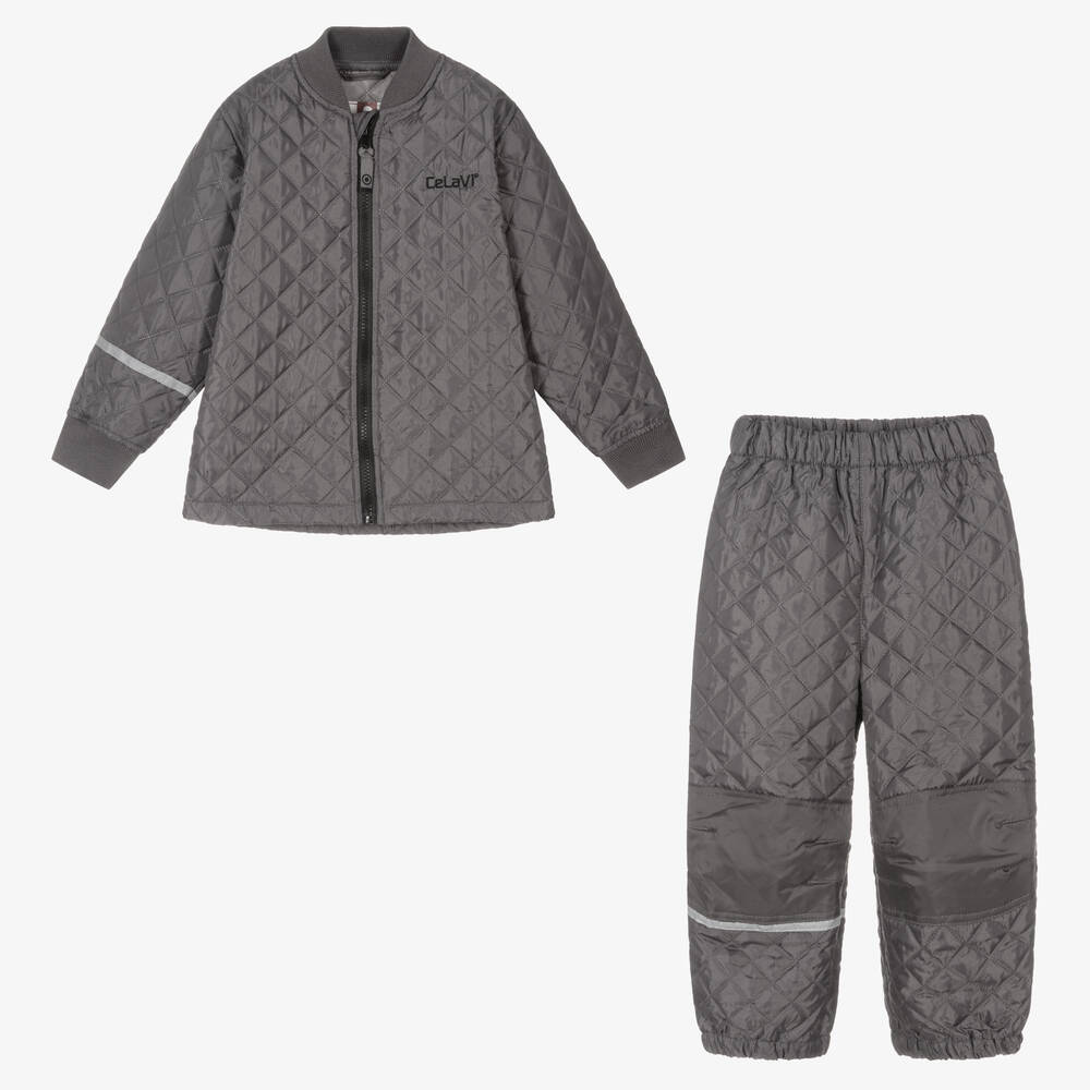 CeLaVi-Grey Quilted Jacket & Trouser Set | Childrensalon