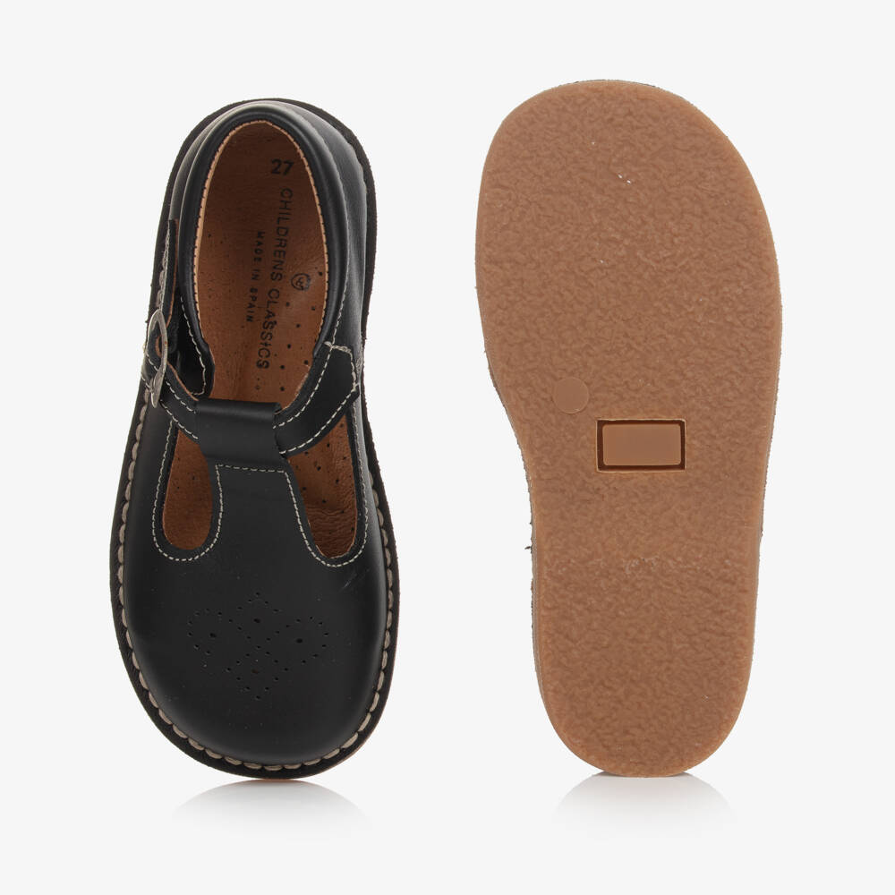 Children's Classics-Black Leather T-Bar Shoes With Exposed Stitching | Childrensalon