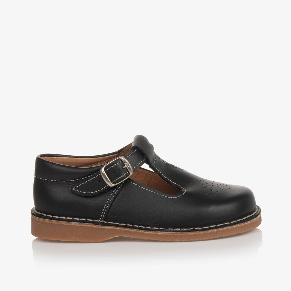 Children's Classics-Black Leather T-Bar Shoes With Exposed Stitching | Childrensalon