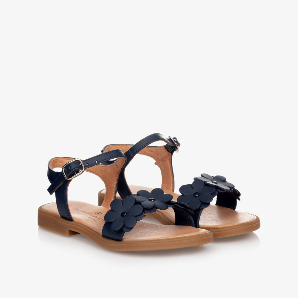 Children's Classics-Blue Leather Flower Sandals | Childrensalon